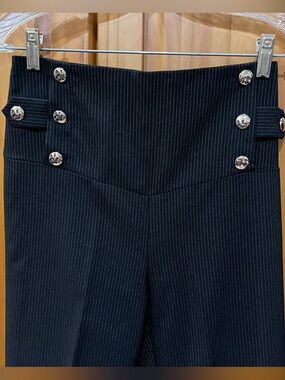 Vintage Dots Navy Pinstripe Sailor Style Pants with Decorative Silver Buttons
